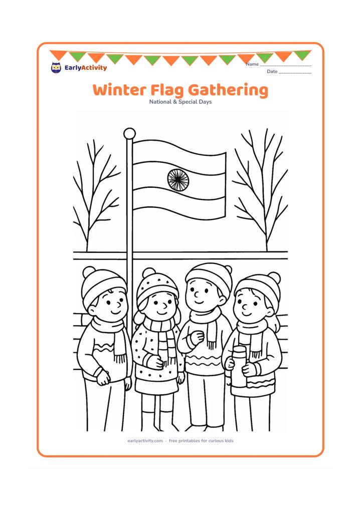 Colouring page: A group of children in sweaters gather outdoors around an Indian flag during a cool winter morning. Include scarves, a thermos, bare tree branches and a low school wall.
