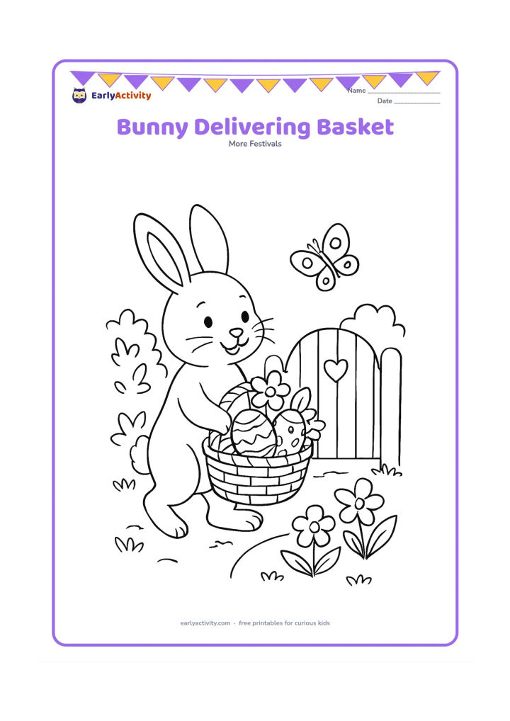 Colouring page: A standing bunny carries a large Easter basket toward a cottage garden gate. The basket contains eggs and flowers; add a butterfly, leafy bushes and a few spring blossoms along the path.