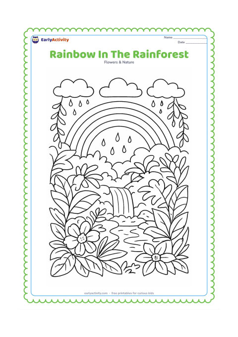 Colouring page: Draw a rainbow above a lush rainforest clearing with layered leaves, vines, broad tropical flowers, a small waterfall and puddles reflecting the sky. Include clouds with fine but clear…