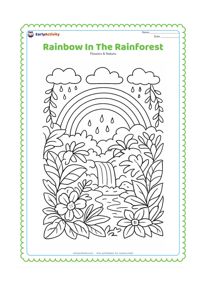 Colouring page: Draw a rainbow above a lush rainforest clearing with layered leaves, vines, broad tropical flowers, a small waterfall and puddles reflecting the sky. Include clouds with fine but clear…
