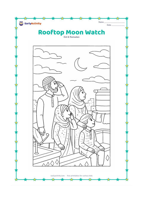 Colouring page: Several family members watch for the Ramadan crescent from an Indian rooftop, with varied standing and seated poses, a parapet, satellite dish, water tank, clothesline, distant city…