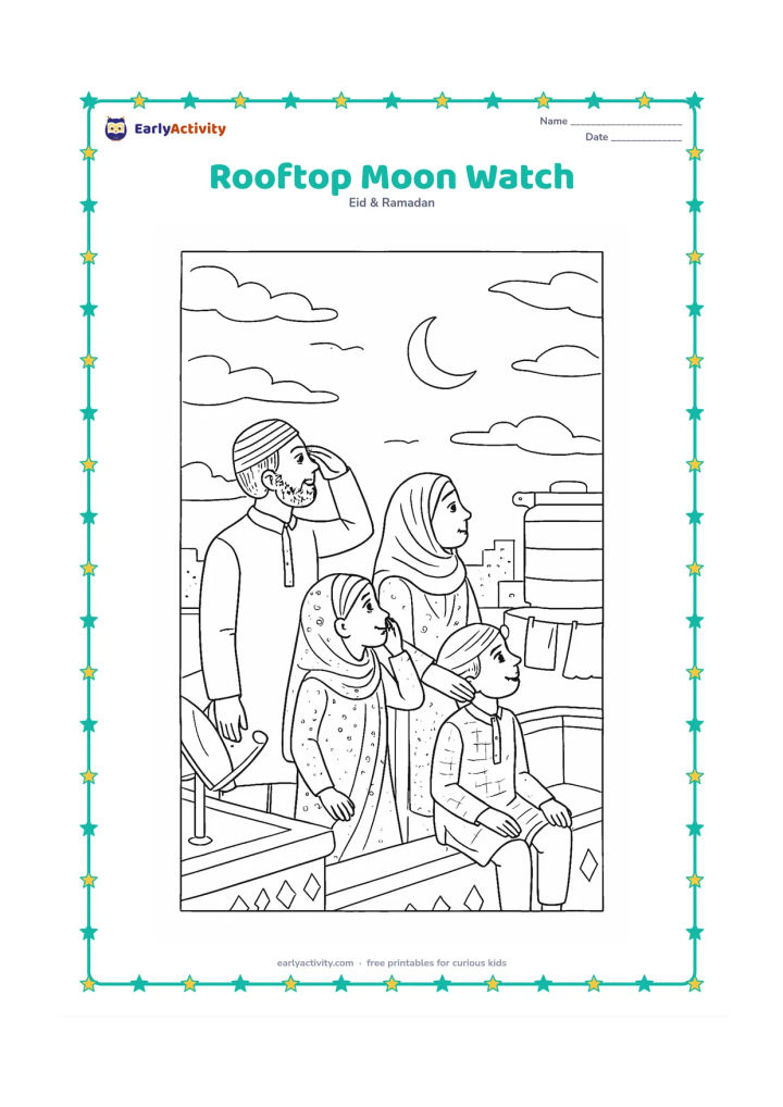 Colouring page: Several family members watch for the Ramadan crescent from an Indian rooftop, with varied standing and seated poses, a parapet, satellite dish, water tank, clothesline, distant city…