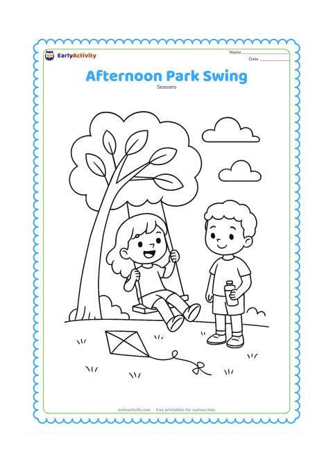 Colouring page: A child swings happily beneath a large leafy tree in a park, while another child waits nearby with a water bottle and a small kite rests on the grass.