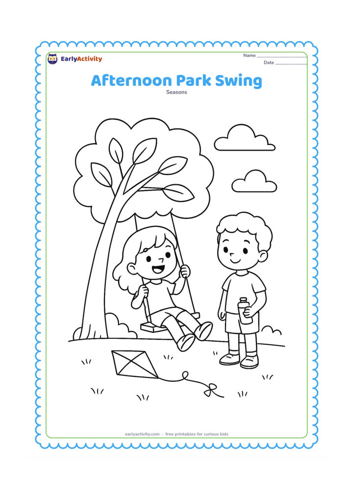 Colouring page: A child swings happily beneath a large leafy tree in a park, while another child waits nearby with a water bottle and a small kite rests on the grass.
