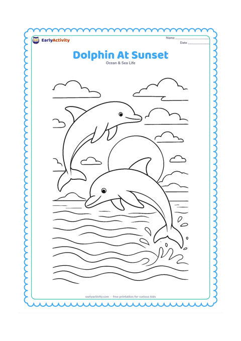 Colouring page: Draw two dolphins leaping at sunset with a large outlined sun near the horizon, layered clouds, a distant island, reflective water, and curved wave patterns. Give the dolphins different…