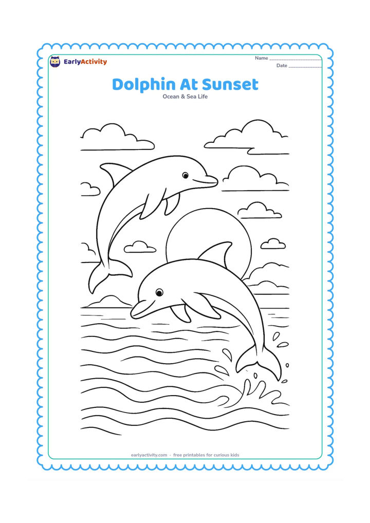 Colouring page: Draw two dolphins leaping at sunset with a large outlined sun near the horizon, layered clouds, a distant island, reflective water, and curved wave patterns. Give the dolphins different…