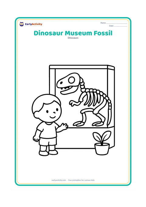 Colouring page: Draw a friendly child looking at a large dinosaur fossil skeleton displayed inside a simple museum case, with a small potted plant nearby. Do not include any signs or writing.