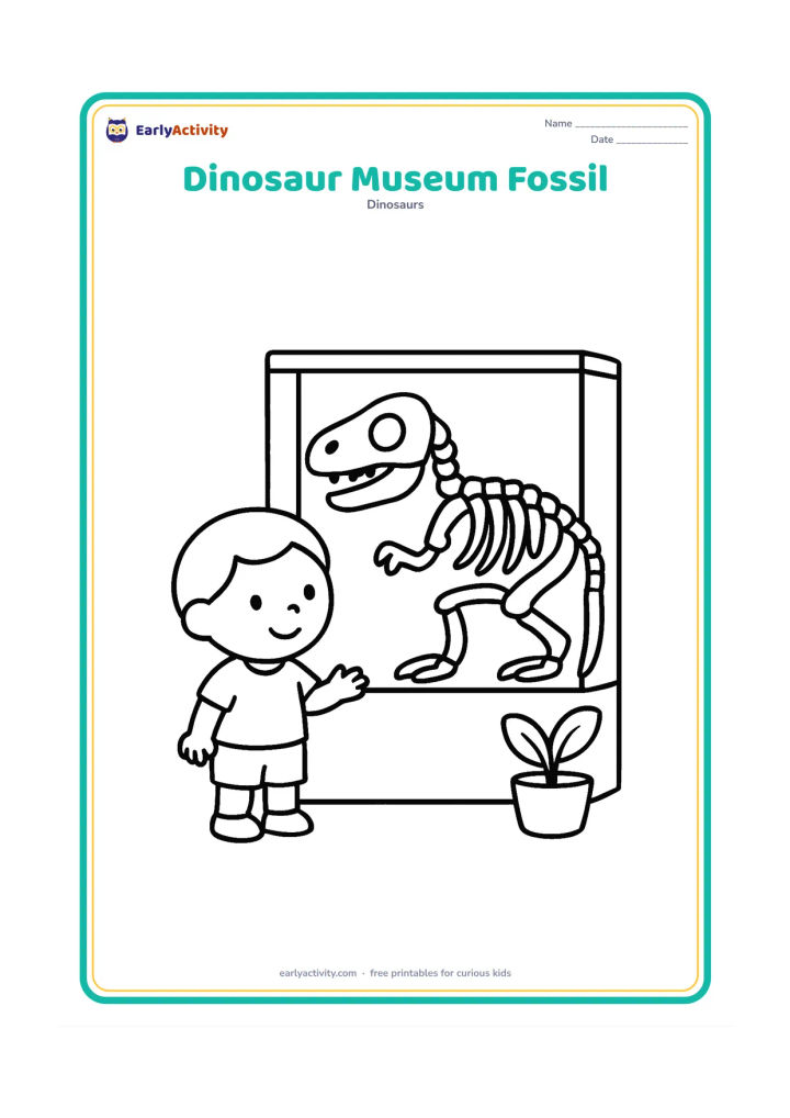 Colouring page: Draw a friendly child looking at a large dinosaur fossil skeleton displayed inside a simple museum case, with a small potted plant nearby. Do not include any signs or writing.