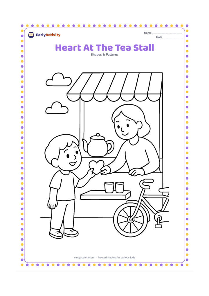 Colouring page: A child gives a heart-shaped biscuit to a parent beside a small Indian tea stall, with a kettle, cups, awning, and one bicycle nearby.