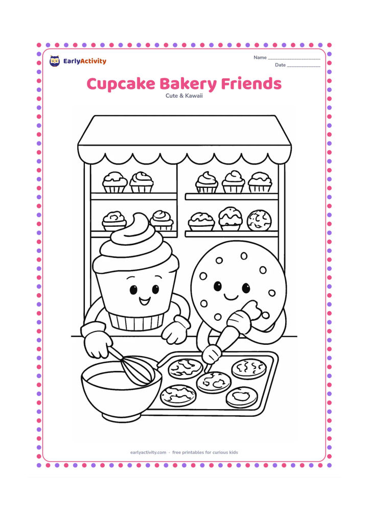 Colouring page: A smiling cupcake and a friendly cookie work together at a bakery counter, placing decorated treats on a tray. Add a mixing bowl, whisk, oven mitt, shelves of pastries and a blank shop…