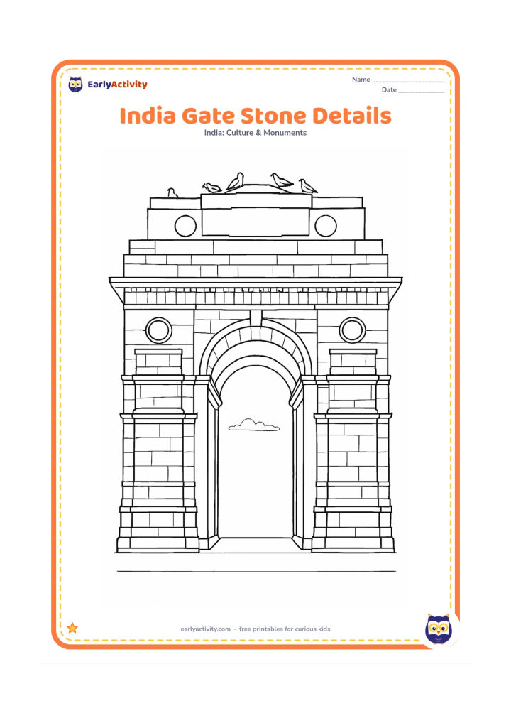 Colouring page: Create a close view of the India Gate arch showing layered masonry, large stone blocks, the curved inner passage and a glimpse of sky through the opening. Add a few pigeons near the…