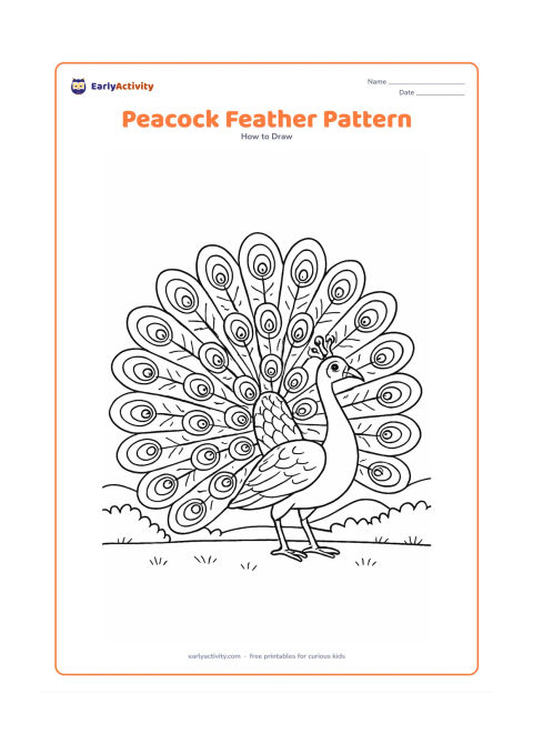 Worksheet: A full side-view peacock with a large open tail is divided into many clear feather sections, each containing layered eye shapes, curved lines and small decorative dots. Add a low hedge…