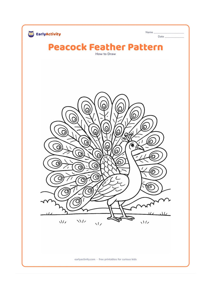Worksheet: A full side-view peacock with a large open tail is divided into many clear feather sections, each containing layered eye shapes, curved lines and small decorative dots. Add a low hedge…