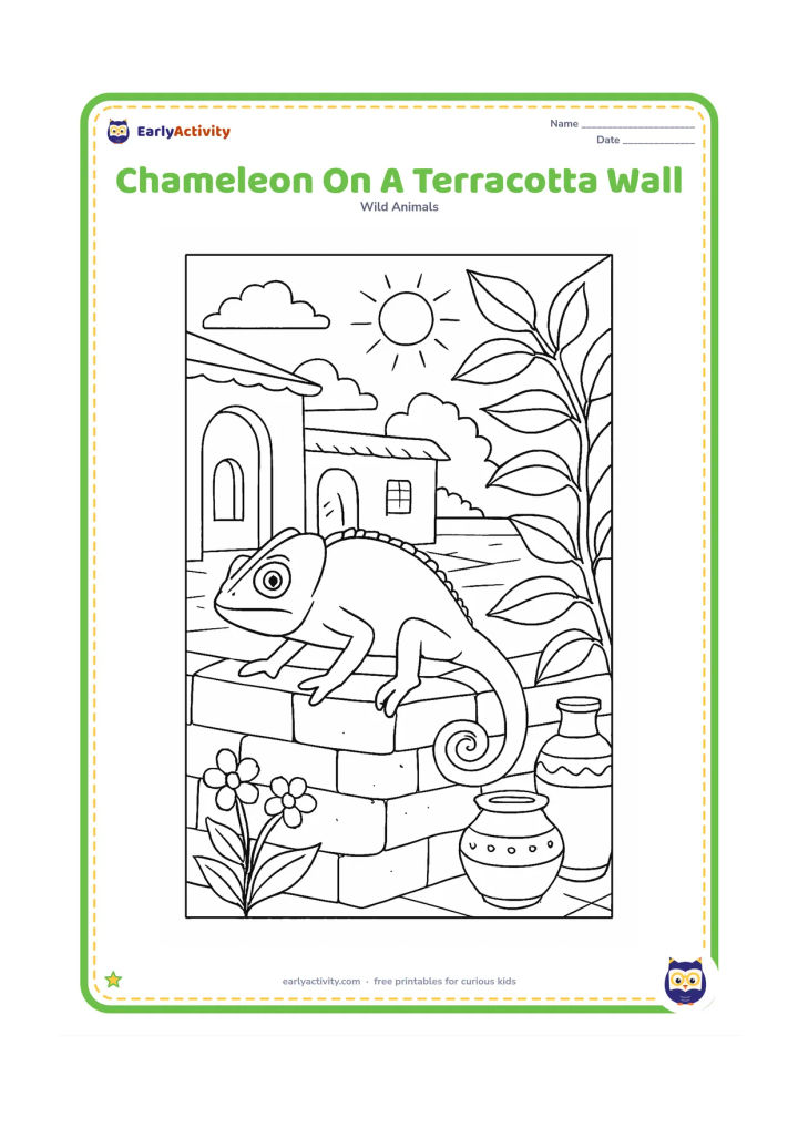 Colouring page: A chameleon moves across a textured terracotta garden wall beside a leafy creeper, clay pots, small flowers and a sunny Indian courtyard beyond. Its tail curls around a vine.