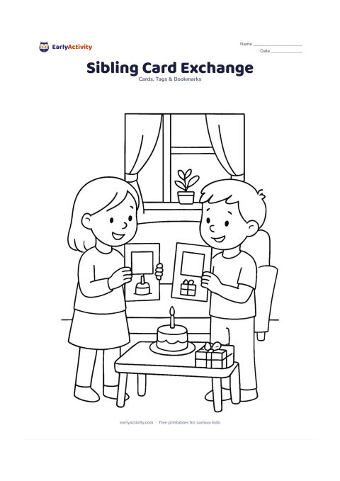 Worksheet: Show two siblings exchanging handmade birthday cards beside a sofa, with wrapped gifts and a small cake on a coffee table. Leave a large blank panel visible on each card and add a window…