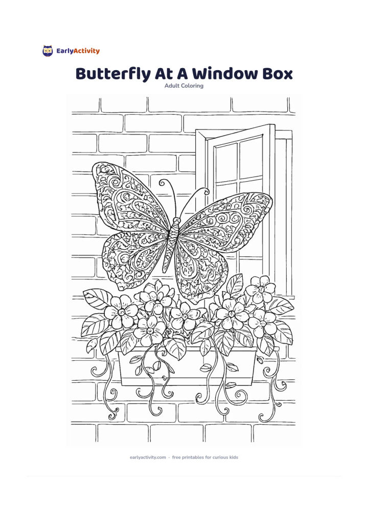 Colouring page: Show a butterfly landing on flowers in a window box, with trailing vines, a simple brick wall, and a partially open window behind it. Add a different detailed pattern to each wing while…