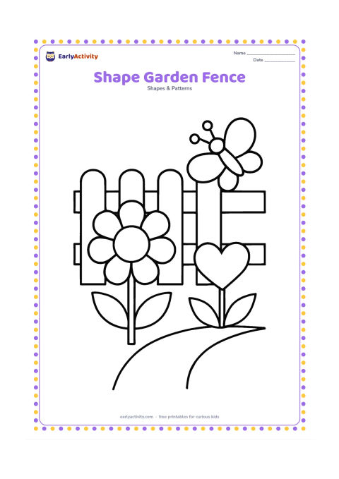 Colouring page: Draw a garden fence made from repeating rectangles, with a large circle flower, triangular leaves and a heart-shaped blossom in front. Add one round butterfly and a simple curved path.