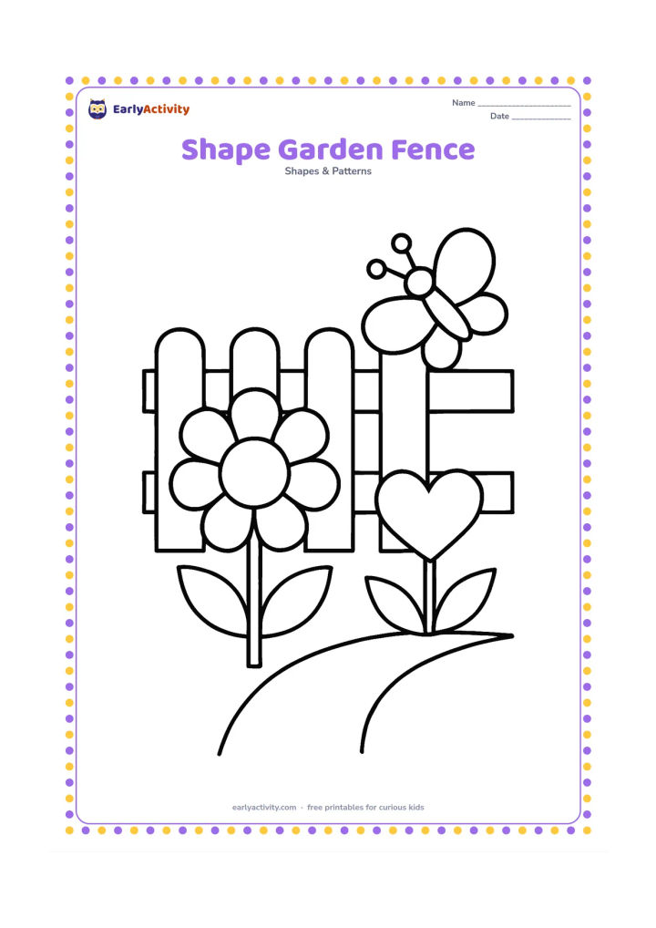 Colouring page: Draw a garden fence made from repeating rectangles, with a large circle flower, triangular leaves and a heart-shaped blossom in front. Add one round butterfly and a simple curved path.