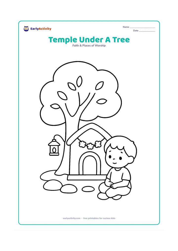 Colouring page: A tiny shrine with a rounded roof beneath a large leafy tree, with a child sitting quietly nearby. Add a simple lamp, a flower garland shape and a few broad ground stones.