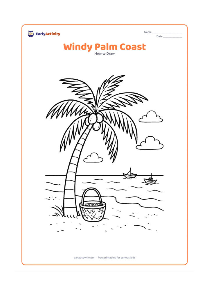 Worksheet: Show a curved palm tree bending in a sea breeze, with detailed fronds, coconuts, a sandy shoreline, distant fishing boats, clouds and a simple basket near the trunk.