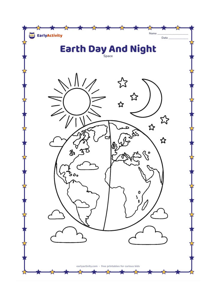 Colouring page: Show a detailed Earth with one hemisphere facing a radiating Sun and the opposite hemisphere under a crescent Moon and stars. Add a clear curved terminator line, cloud systems and…