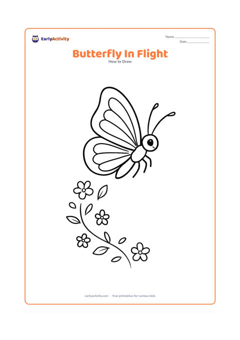 Worksheet: Show a butterfly flying diagonally upward with wings at different angles, a gently curved abdomen, antennae and visible legs. Add a winding trail of small flowers and leaves below to…
