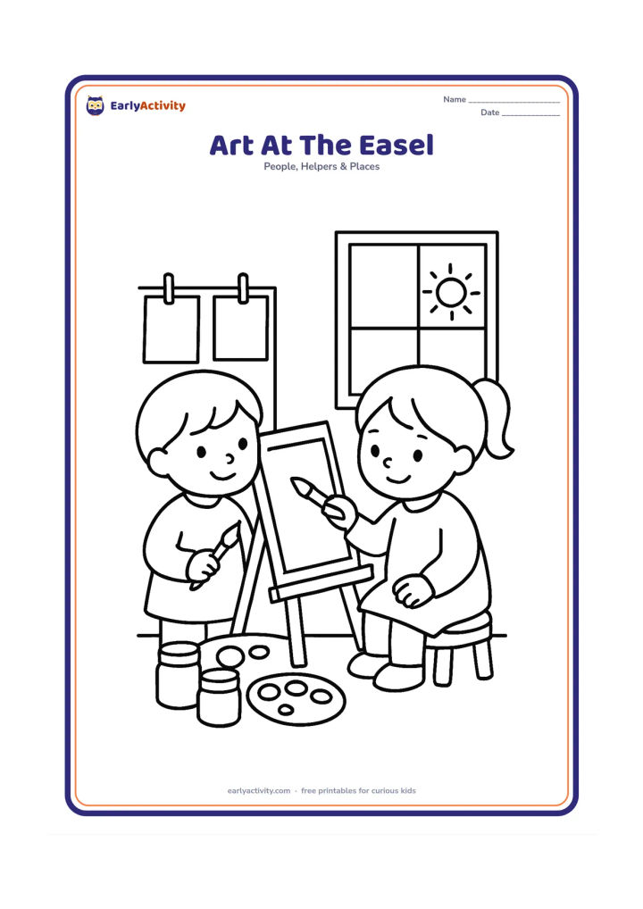 Colouring page: A young child paints at a small easel while another child holds a paintbrush and looks on. Include a paint palette, jars, a smock, a drying rack with blank paintings and a sunny window.