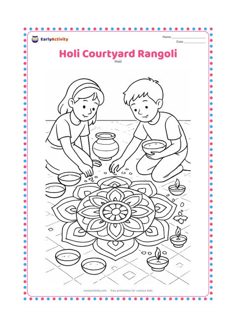 Colouring page: A child carefully fills a large symmetrical rangoli with gulal while another child places marigold petals around its edge. Show several powder bowls, a brass pot, diyas, and patterned…