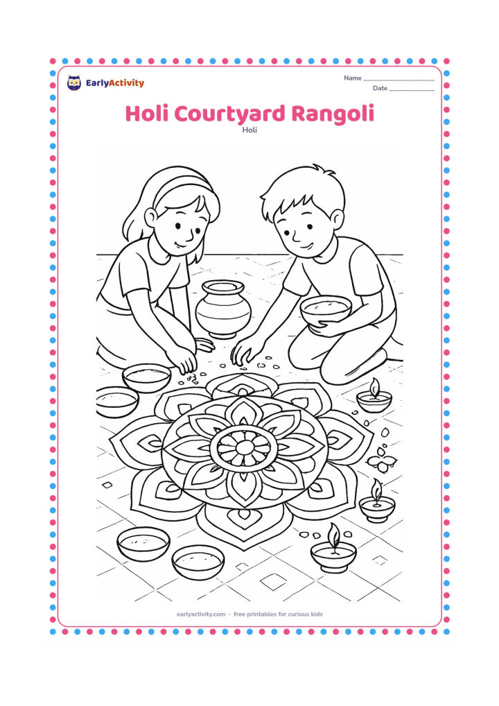 Colouring page: A child carefully fills a large symmetrical rangoli with gulal while another child places marigold petals around its edge. Show several powder bowls, a brass pot, diyas, and patterned…