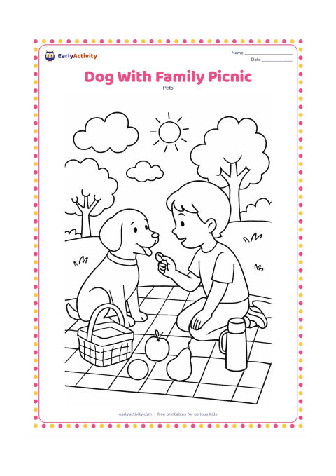 Colouring page: Draw a friendly dog sitting beside a picnic blanket while a child offers it a small treat. Include a basket, fruit shapes, trees, a thermos, and a sunny park background.