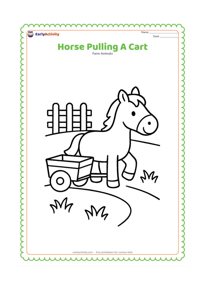 Colouring page: A friendly horse walks slowly while pulling a small empty farm cart along a path. Include a fence, two round cart wheels and a few large grass tufts.