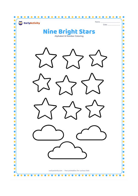 Colouring page: Draw nine large five-pointed stars scattered across an open sky, with a few soft clouds underneath. Do not include any written numerals.