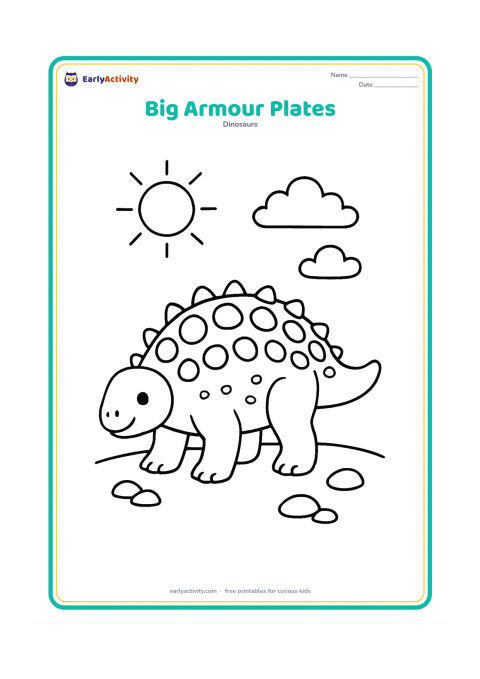 Colouring page: Show an Ankylosaurus in a slightly angled view so the rows of large bony plates and bumps across its back are easy to see. Add a simple sun, two clouds and a few stones.