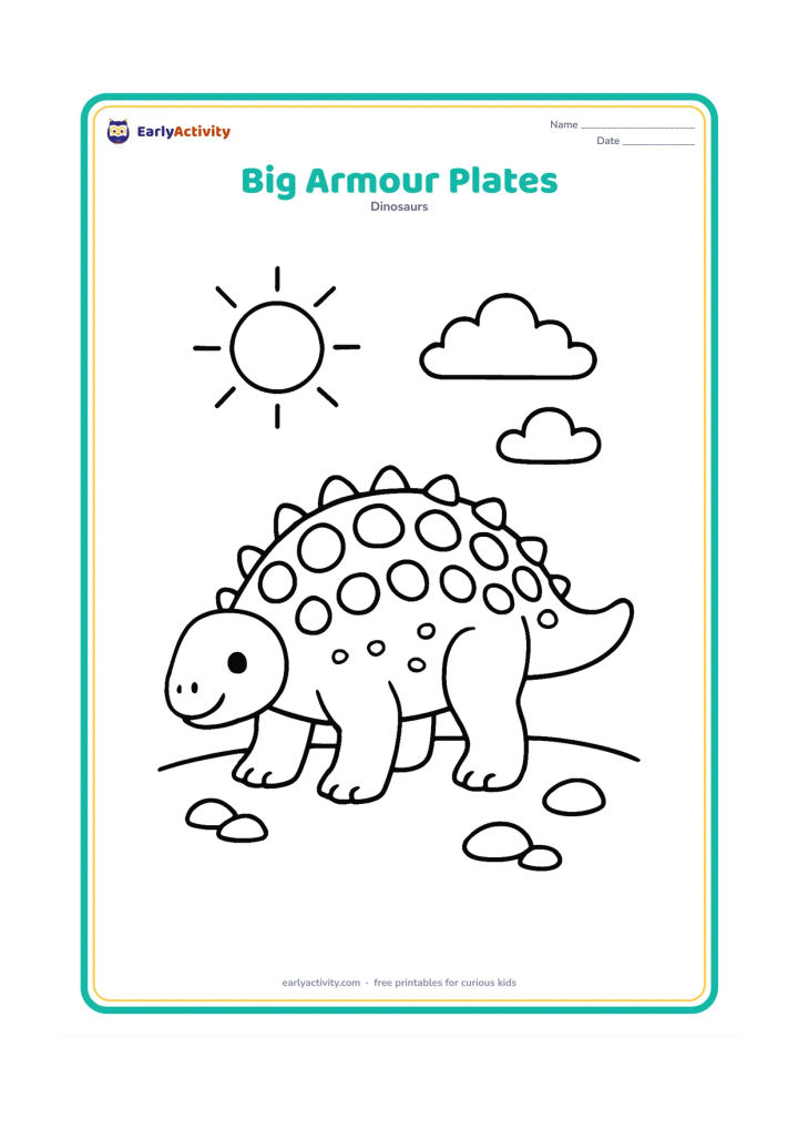 Colouring page: Show an Ankylosaurus in a slightly angled view so the rows of large bony plates and bumps across its back are easy to see. Add a simple sun, two clouds and a few stones.