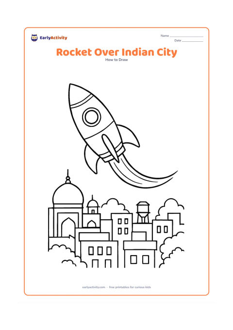 Worksheet: A detailed rocket flies above an Indian city skyline with domes, apartment rooftops, a water tank and distant trees. Give the rocket fins, windows, panel sections and a curved exhaust…