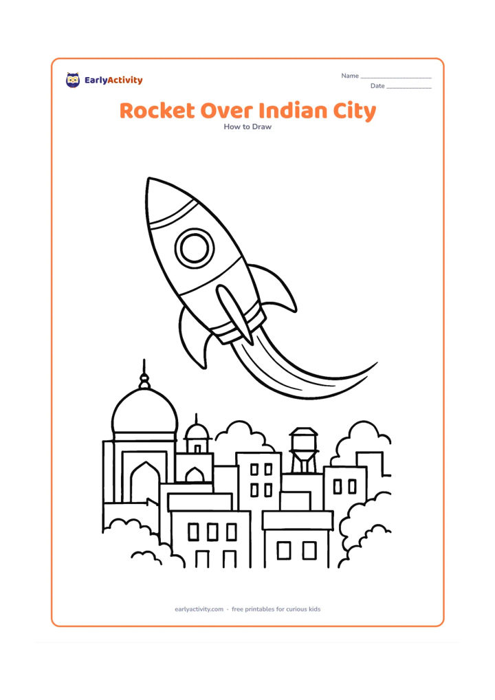 Worksheet: A detailed rocket flies above an Indian city skyline with domes, apartment rooftops, a water tank and distant trees. Give the rocket fins, windows, panel sections and a curved exhaust…