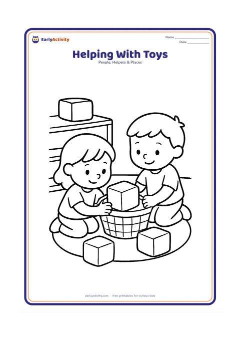Colouring page: Two friends kneel on a playroom floor and place large toy blocks into a storage basket together. Include three oversized blocks, a low shelf, and a simple rug.