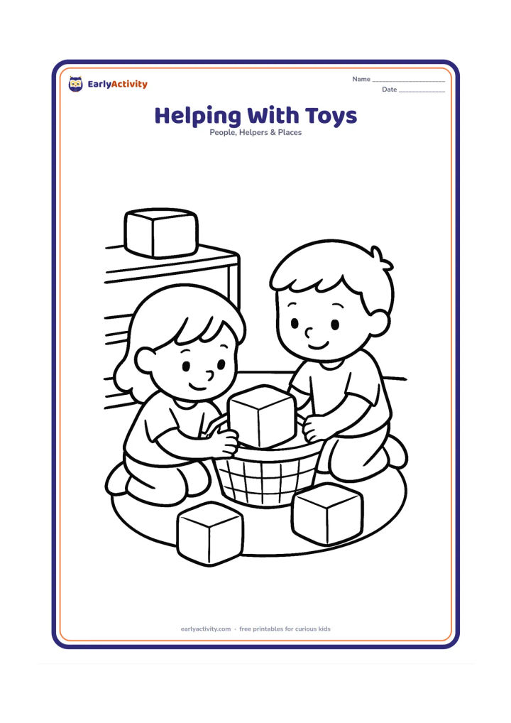 Colouring page: Two friends kneel on a playroom floor and place large toy blocks into a storage basket together. Include three oversized blocks, a low shelf, and a simple rug.
