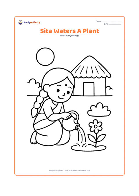 Colouring page: Sita kneels and pours water from a small pot onto a flowering plant beside a simple hut. Add a round sun and two leafy bushes.