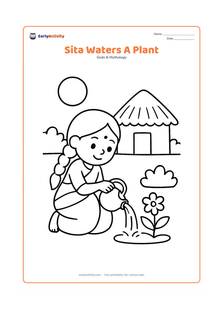 Colouring page: Sita kneels and pours water from a small pot onto a flowering plant beside a simple hut. Add a round sun and two leafy bushes.