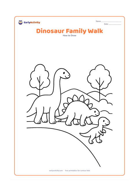 Worksheet: Show three different friendly dinosaurs walking together from left to right: a long-necked adult, a plated adult, and a small youngster. Build each with clear ovals and curves, then…