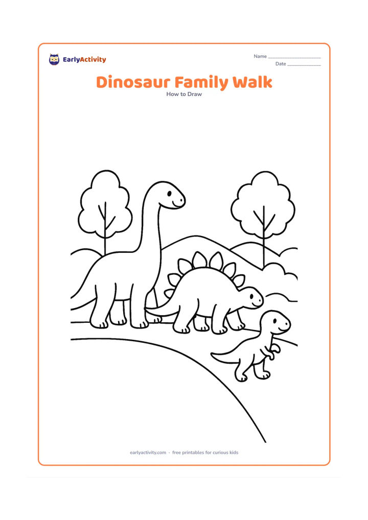 Worksheet: Show three different friendly dinosaurs walking together from left to right: a long-necked adult, a plated adult, and a small youngster. Build each with clear ovals and curves, then…