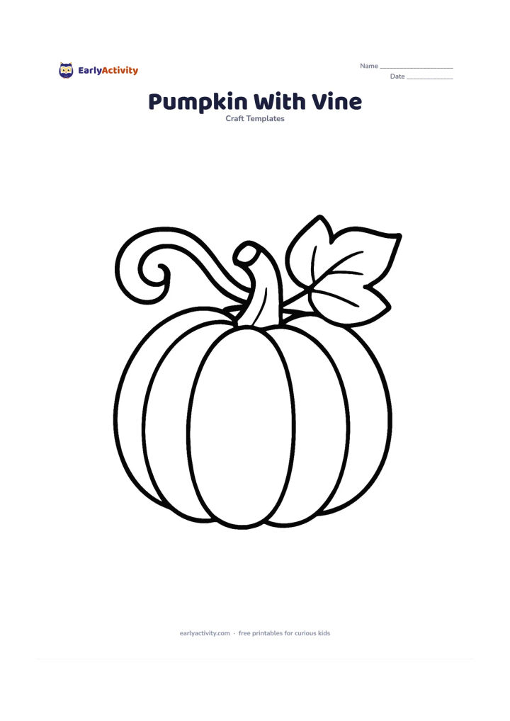 Worksheet: A large round pumpkin with a thick curling vine extending to one side and one oversized leaf attached near the stem. Leave the pumpkin body mostly open for colouring.