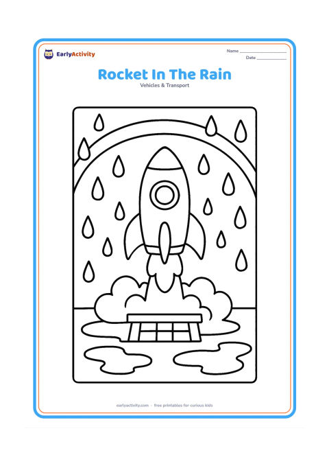 Colouring page: Draw a rocket lifting above a launch platform on a rainy day, with large raindrops, puddles and a curved shelter roof in the background.