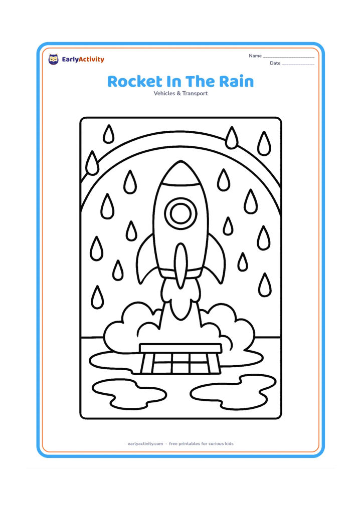Colouring page: Draw a rocket lifting above a launch platform on a rainy day, with large raindrops, puddles and a curved shelter roof in the background.
