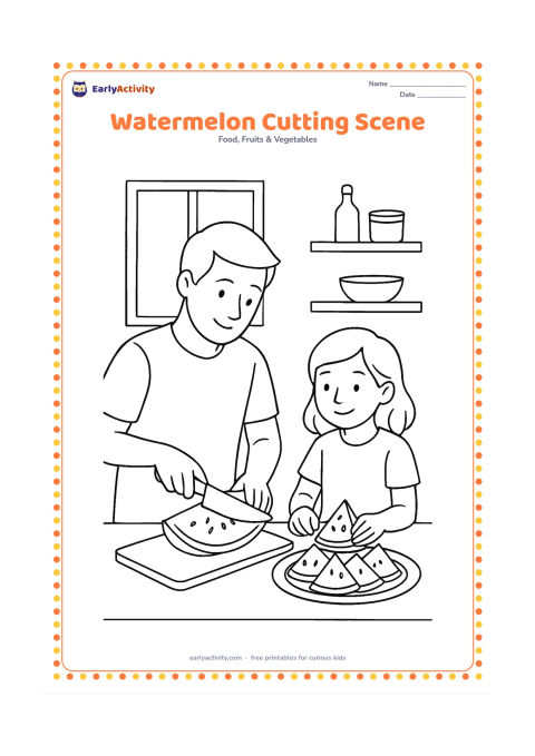 Colouring page: Draw an adult and child safely preparing watermelon at a kitchen counter, with the adult holding a large knife away from the child and the child arranging slices on a plate. Add a…