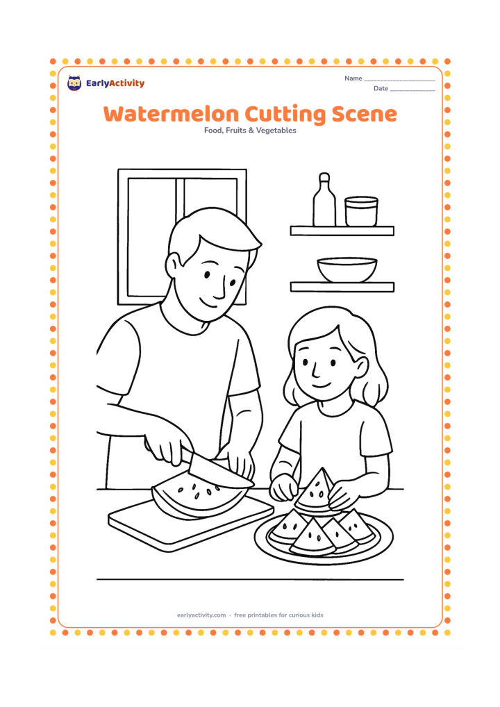 Colouring page: Draw an adult and child safely preparing watermelon at a kitchen counter, with the adult holding a large knife away from the child and the child arranging slices on a plate. Add a…