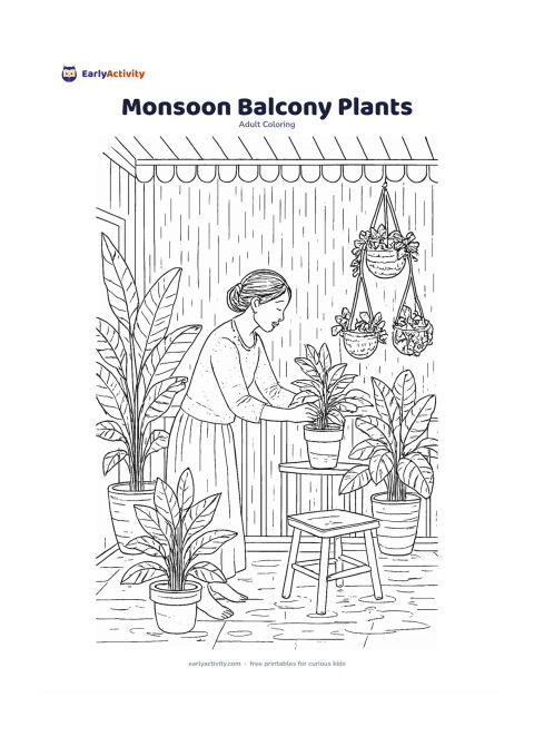 Colouring page: An adult arranging leafy plants on a covered balcony during a monsoon shower. Include hanging planters, broad banana leaves, rain curtains beyond the railing, a small stool and puddle…