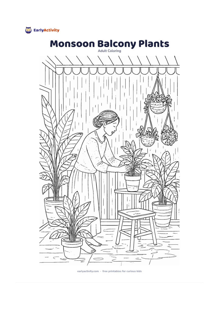 Colouring page: An adult arranging leafy plants on a covered balcony during a monsoon shower. Include hanging planters, broad banana leaves, rain curtains beyond the railing, a small stool and puddle…