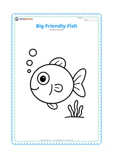 Colouring page: Draw one large, round-bodied fish facing left, with oversized eyes, clear fins, a wide tail and a few large bubbles. Leave the background open with only a small patch of seaweed beneath it.